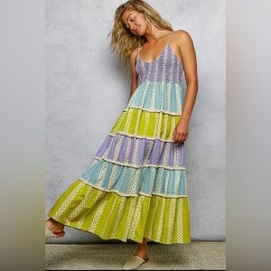 POL ruffle woven braided color block stitch boho western tiered maxi dress